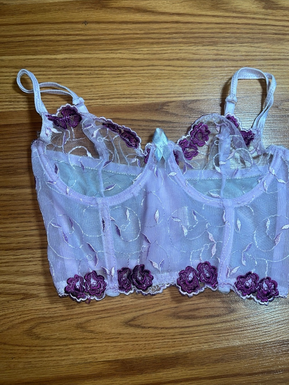 Lilac Sheer Lace Longline Bralette with Plum Floral Appliqué